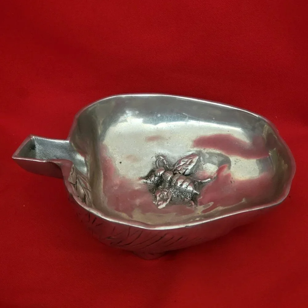 Vintage Metal Apple Shape Trinket Dish Leaf Design Bumblebee